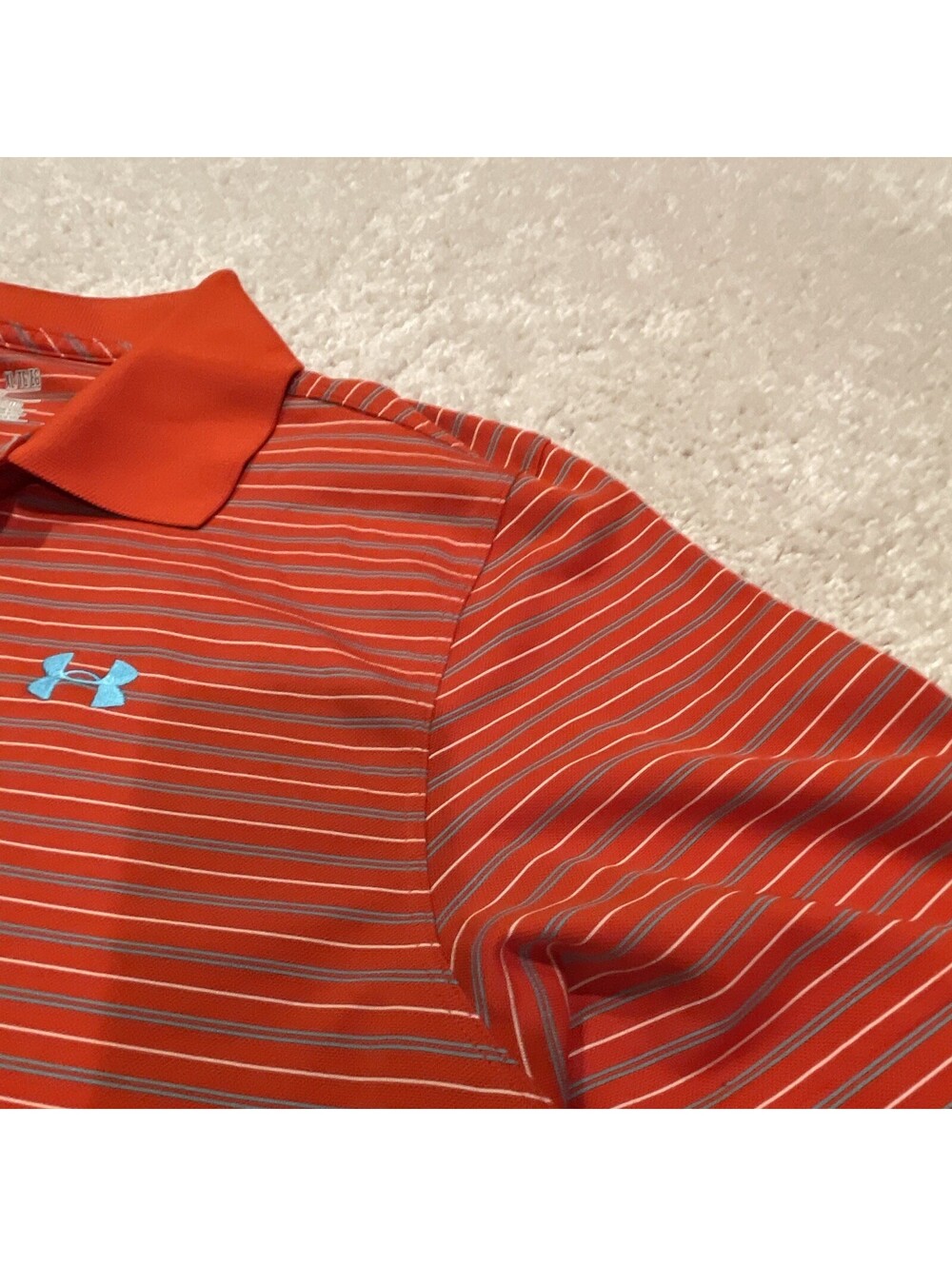 Under Armour HeatGear Men's XL Polo Orange/Blue/Gray/White Striped Logo Button - Picture 4 of 7